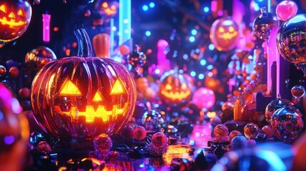 Vibrant Halloween scene featuring glowing pumpkins, colorful lights, and festive decorations in a mystical atmosphere.