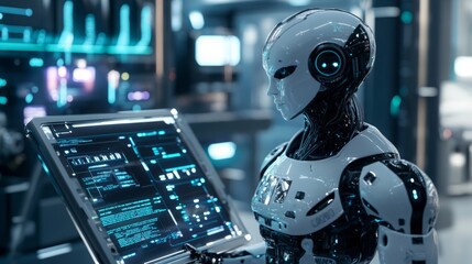 A humanoid robot examines a computer screen in a futuristic lab setting.