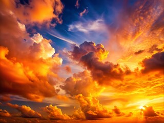 Fototapeta premium Stunning orange sky with fluffy clouds creating a beautiful cloudscape during a serene sunset