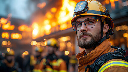 Obraz premium A brave firefighter stands resolute amidst flames, showcasing courage and dedication in the face of danger.
