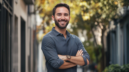 Fototapeta premium Young happy pretty smiling professional business man, happy confident positive male entrepreneur standing outdoor on street arms crossed, looking at camera, Generative AI 
