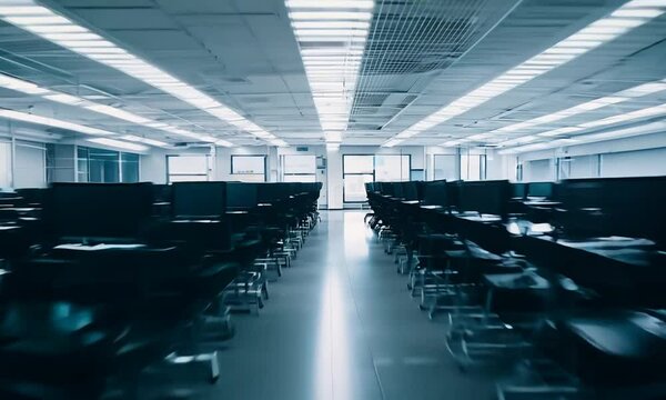 Empty office space with rows of cubicles and computer screens