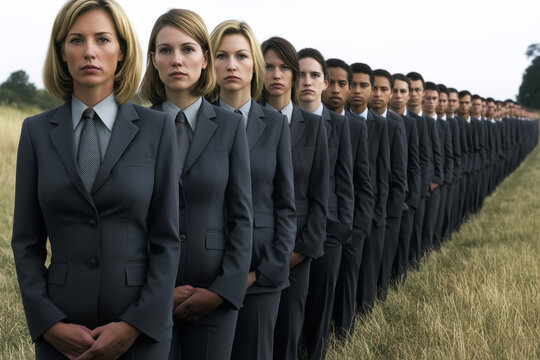 Line of diverse professionals in gray suits outdoors