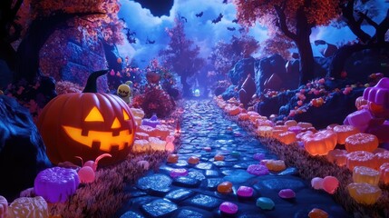 A spooky Halloween path lined with glowing pumpkins and colorful candies, set in a mystical autumn forest filled with vibrant colors.