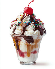 A giant ice cream sundae topped with whipped cream, sprinkles, hot fudge, and a cherry on top.