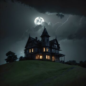A haunted house on a hill, silhouetted against a full moon, with lightning striking in the distance and dark storm clouds rolling in
