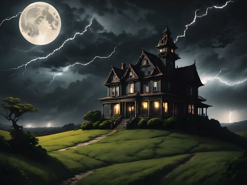 A haunted house on a hill, silhouetted against a full moon, with lightning striking in the distance and dark storm clouds rolling in
