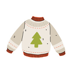 Christmas ugly sweater or jumper with decorative abstract elements. Knitted woolen warm clothing pullover. Vector hand drawn illustration in cartoon style.