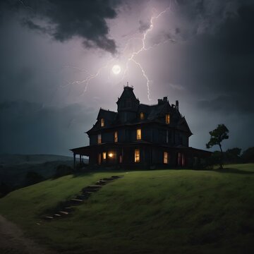 A haunted house on a hill, silhouetted against a full moon, with lightning striking in the distance and dark storm clouds rolling in
