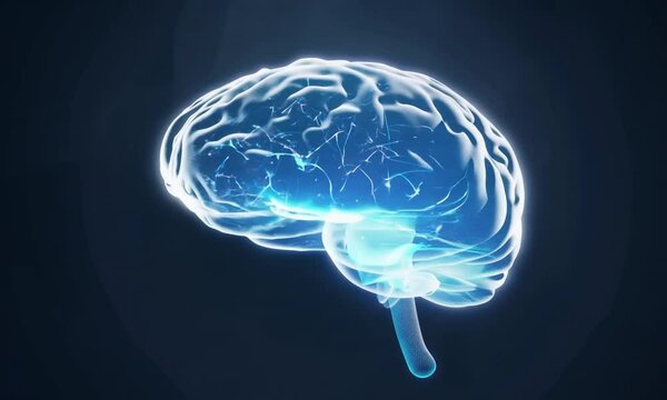 Human digital brain with neural network and blue light particles
