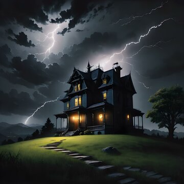 A haunted house on a hill, silhouetted against a full moon, with lightning striking in the distance and dark storm clouds rolling in
