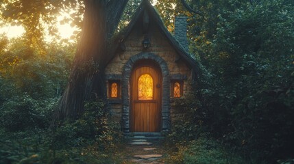 Fototapeta premium A charming stone cottage with a wooden door and arched windows nestled in a lush forest, with warm light emanating from inside, creating a cozy and inviting atmosphere.