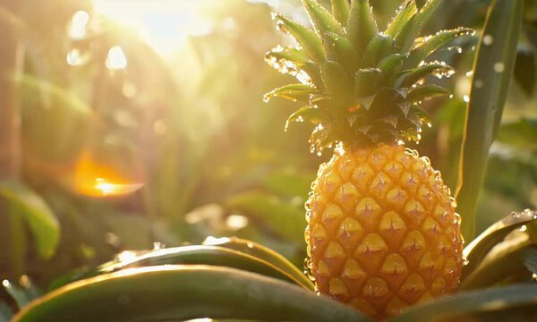 A close-up of a ripe pineapple with dew drops on its leaves, backlit by the morning sun.
