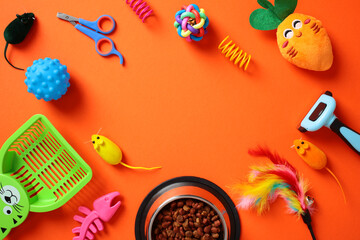 Frame of vibrant assortment of pet toys and accessories on orange backdrop. Flat lay, top view, copy space.