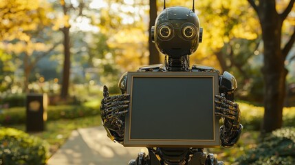 A metallic robot with large eyes holds a blank framed sign in a park setting.