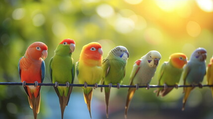Colorful Parrots on Wires. AI Generative.