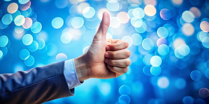 Set against a vibrant blue background, a hand with a thumbs up embodies success and motivation. This uplifting