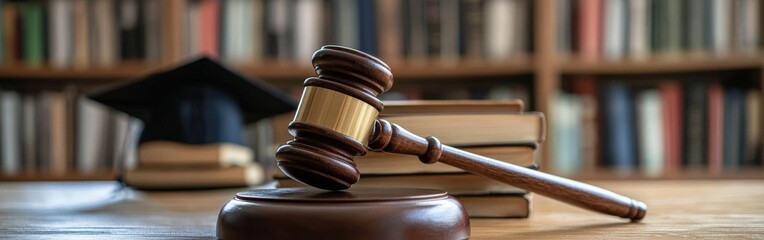 Gavel and Law Books with Graduation Cap in Library Setting
