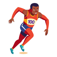 Sprint to Victory: A determined male athlete in a vibrant running outfit,  number 100 on his chest, takes off with a powerful stride,  his focus unwavering as he sprints towards the finish line.