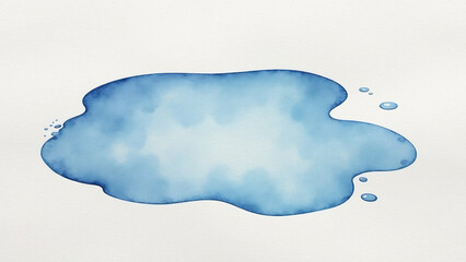 A realistic watercolor puddle on textured paper. The puddle is a mix of light blues and grays, with soft, transparent edges blending into the paper