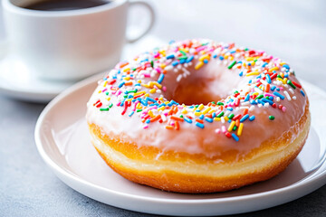 A close-up of a glazed doughnut with colorful sprinkles, placed on a plate with a coffee cup beside it.