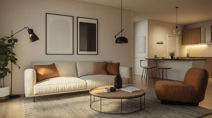 A beautiful bright modern apartment with cozy decor in warm colors and affordable furniture, ideal for young couples renting for the first time.