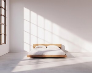 Fototapeta premium A minimalistic bedroom featuring a simple wooden bed on a polished floor. Natural light streams through large windows, creating a calm and serene atmosphere.