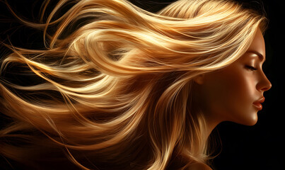 A beautiful woman with long, flowing blonde hair that is shiny and smooth, a black background, Conceptadvertisement for a hair salon or spa, Generative AI