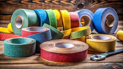 Vibrant Multicolored Abrasive Tape for Various DIY and Repair Projects in a Bright Workspace Setting