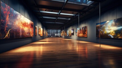 Fototapeta premium Modern art gallery interior with paintings displayed on white walls,