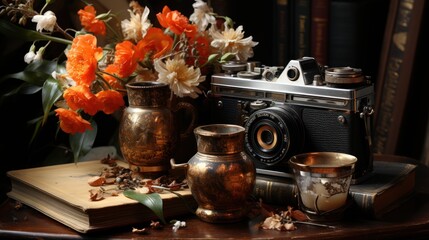 Vintage Still Life with Camera and Flowers