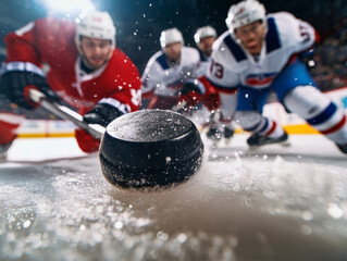 A close-up of a hockey puck sliding across the ice, with players in motion chasing after it.
