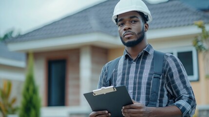 A confident African American construction worker wearing a white hard hat stands in front of a house with a clipboard in hand.