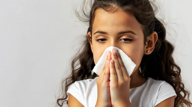 Girl sneezing into a handkerchief on a white background. Remedy for respiratory diseases and allergic rhinitis.