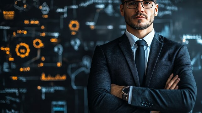 Confident businessman in front of a digital board with data and innovation diagrams