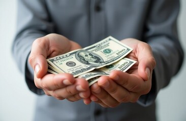 man holds money, dollars, salary, savings, earnings, loan, credit, inflation