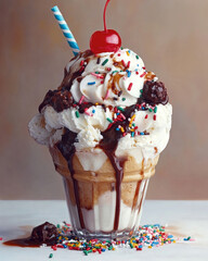 A giant ice cream sundae topped with whipped cream, sprinkles, hot fudge, and a cherry on top.