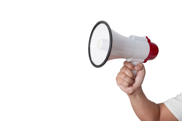 Male person hand holding megaphone, cut out isolated