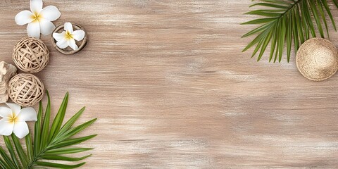 Fototapeta premium A serene wooden background adorned with white flowers, decorative orbs, and green leaves, perfect for a tranquil ambiance.
