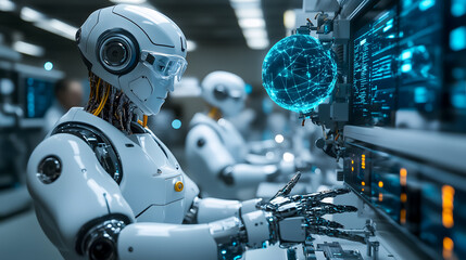 Fototapeta premium A group of highly advanced humanoid robots performing complex tasks in a futuristic artificial intelligence research lab emphasizing innovation in robotics and automation.