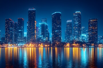 Naklejka premium Brightly Lit Skyscrapers Illuminating Vibrant City Skyline at Night Symbolizing Urban Energy and