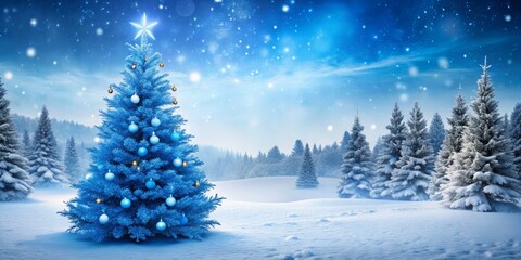 Striking blue Christmas tree in a serene snowy setting, perfect for a festive holiday banner design. Includes generous