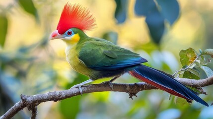 The red-crested turaco is a type of bird found only in western Angola. It eats fruit and is part of a group of African birds called turacos.