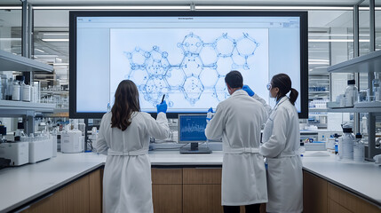 Three scientists in a high-tech laboratory study a detailed molecular structure emphasizing precision in molecular analysis and biotechnology.