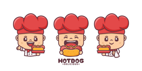 hot dog chef mascot design with different facial expressions. food logo template