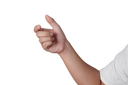 Male person hand holding something empty, cut out isolated