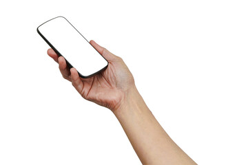 Asian woman holding smartphone in hand with blank screen isolated on white background with clipping path.