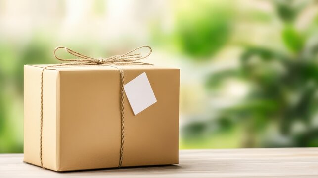 Gift box with string tie on wooden table