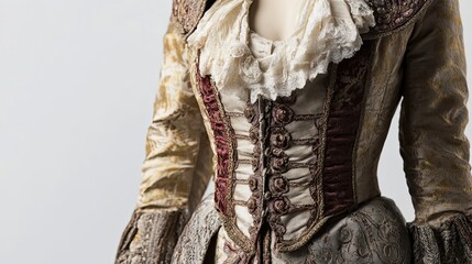 Close-up of a vintage, embroidered, and ornate, gold, red, and white, woman's jacket