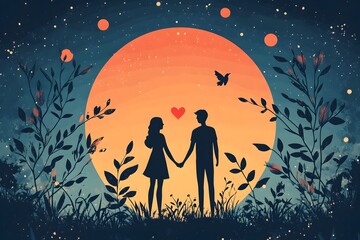 Romantic Silhouetted Couple Holding Hands Under Starry Night Sky with Glowing Moon and Enchanting